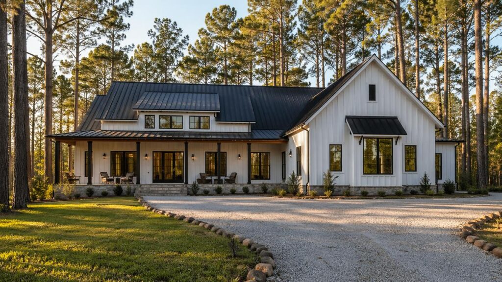 Custom modern farmhouse with white board-and-batten siding and black metal roof on a wooded 1-acre rural East Texas lot at golden hour