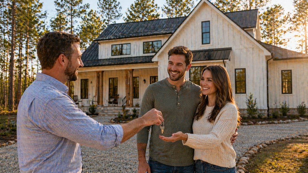 Real estate agent handing keys to new homeowner at a custom-built home in Walker County Texas