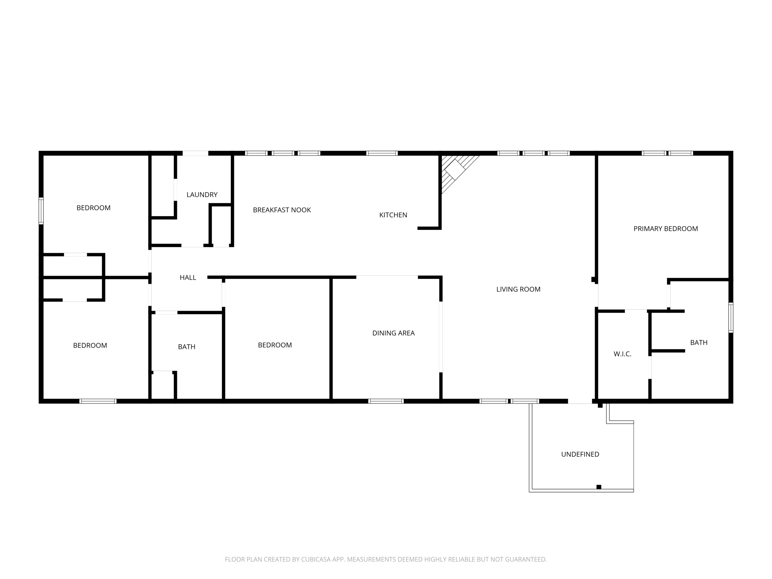 Floor plan for 14279 Shadow Bay Dr, Willis TX. Split plan with the primary suite at one end and three bedrooms at the other.